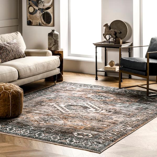 Bowie Machine Washable Rust 9 ft. x 12 ft. Tribal Pattern Area Rug