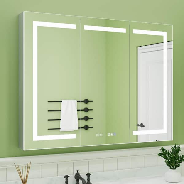 48 in. W x 36 in. H Rectangular Silver Aluminum Recessed/Surface Mount Medicine Cabinet with Mirror, LED and Clock