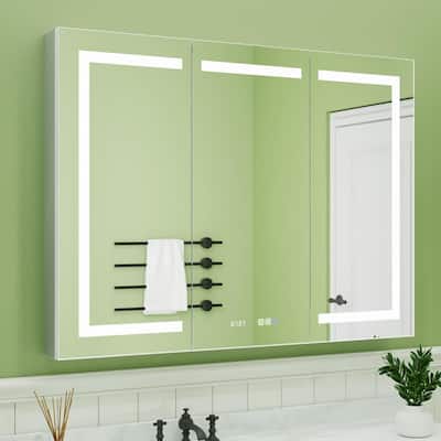 48 in. W x 36 in. H Rectangular Silver Aluminum Recessed/Surface Mount Medicine Cabinet with Mirror, LED and Clock