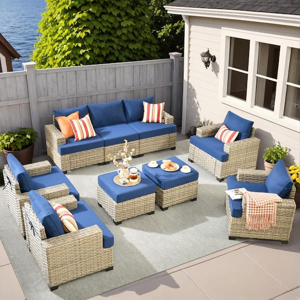 XIZZI Taylor 9-Piece Wicker Outdoor Patio Conversation Seating Set with Navy Blue Cushions