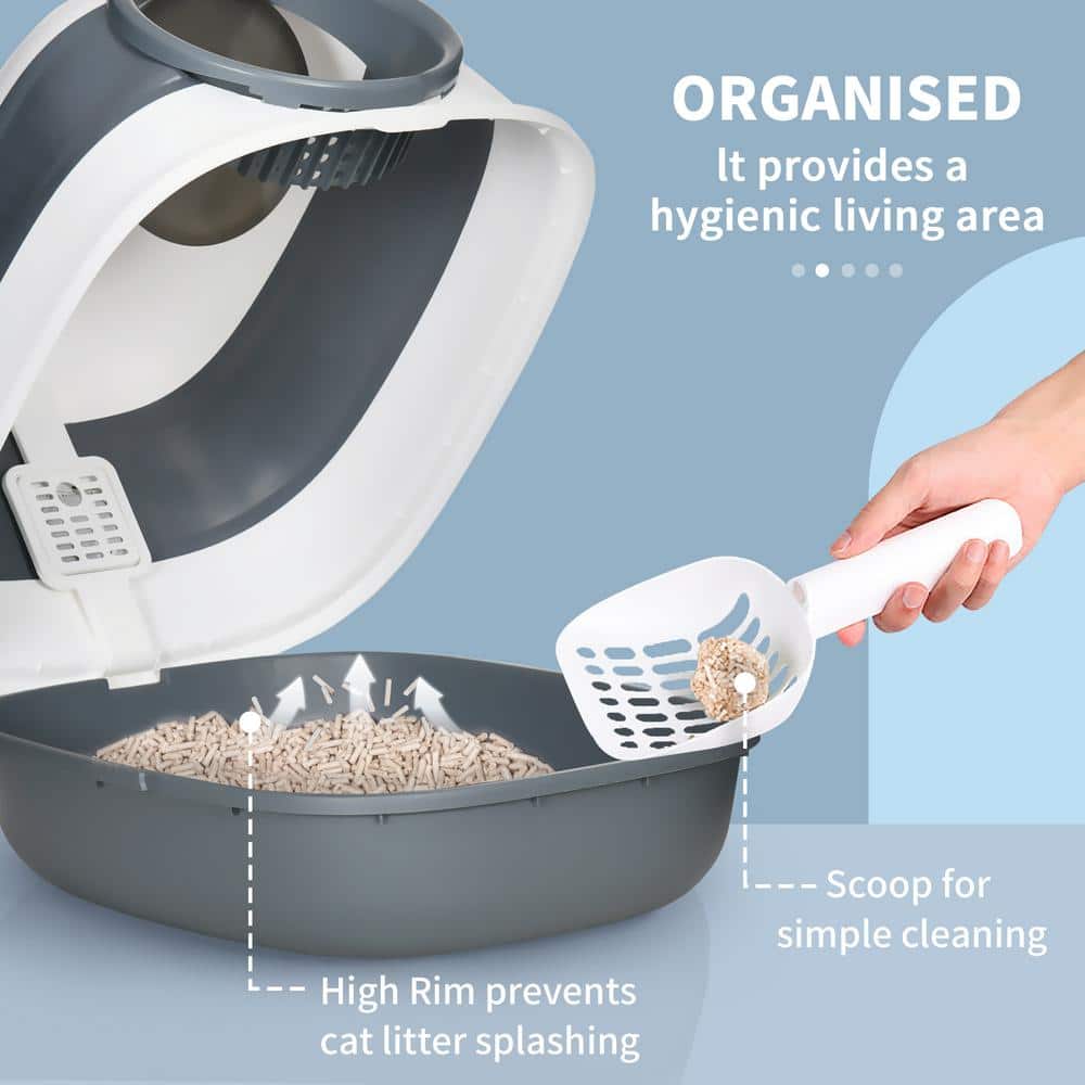 White and Gray Enclosed Plastic Cat Litter Box with Scoop