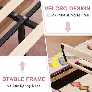 Upholstered Bedframe, Pink Metal Frame Twin Platform Bed with Adjustable Headboard, Wood Slat, No Box Spring Needed