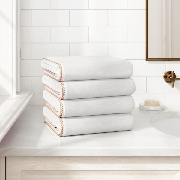 White / Clay Quick-Dry Cotton Boho-Inspired Border 4 Pack Bath Towel Set