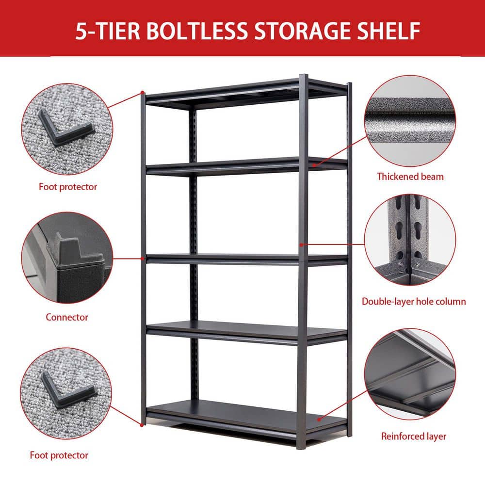 72" Black Heavy Duty Metal 5-Tier Adjustable Shelving Unit