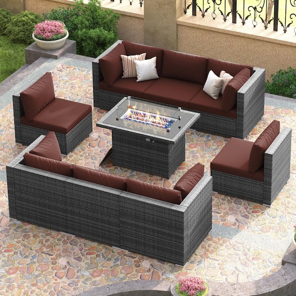 FINCATI Luxury 9-Piece Grey Wicker Patio Extra Large Deep Seating Sectional Sofa Set with Dark Red Cushions and Fire Pit Table