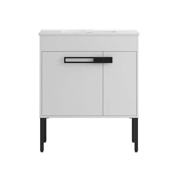 EPOWP 29.3 in. W x 17.9 in. D x 34.3 in. H Bath Vanity in White with White Granite Top