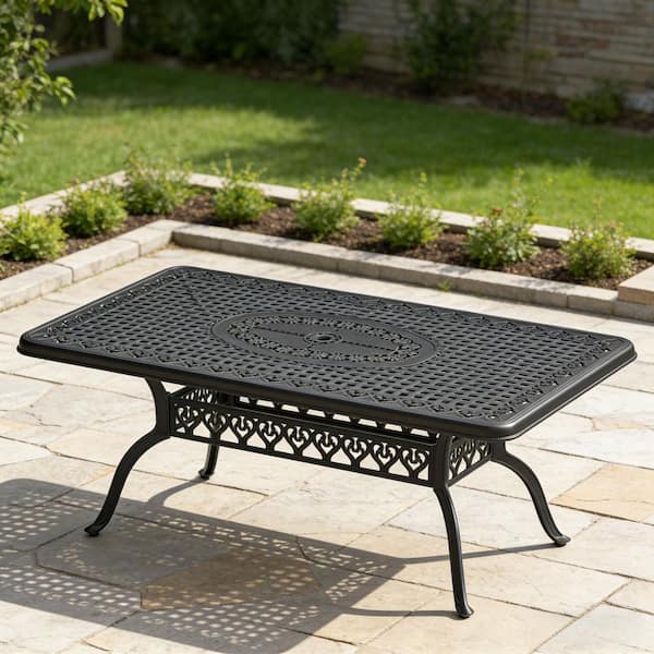 67 in. L x 37 in. W Metal Outdoor Dining Table for 6 Person Aluminum Rectangle Patio Table with Umbrella Hole