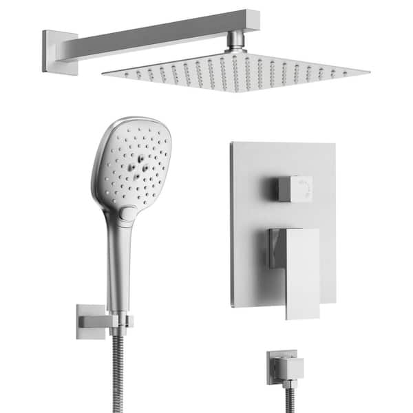 2-Spray Square High Pressure Wall Bar Shower Kit with 3 Modes Hand Shower in. Brushed Nickel (Valve Included)