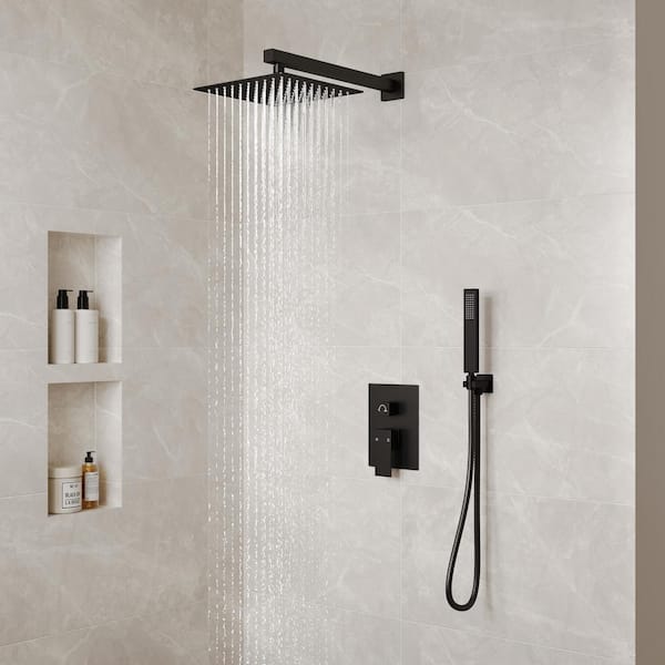 Single-Handle Rain 2-Spray Square 10 in. Dual Shower Head Fixed and Handheld Shower Head in Matte Black