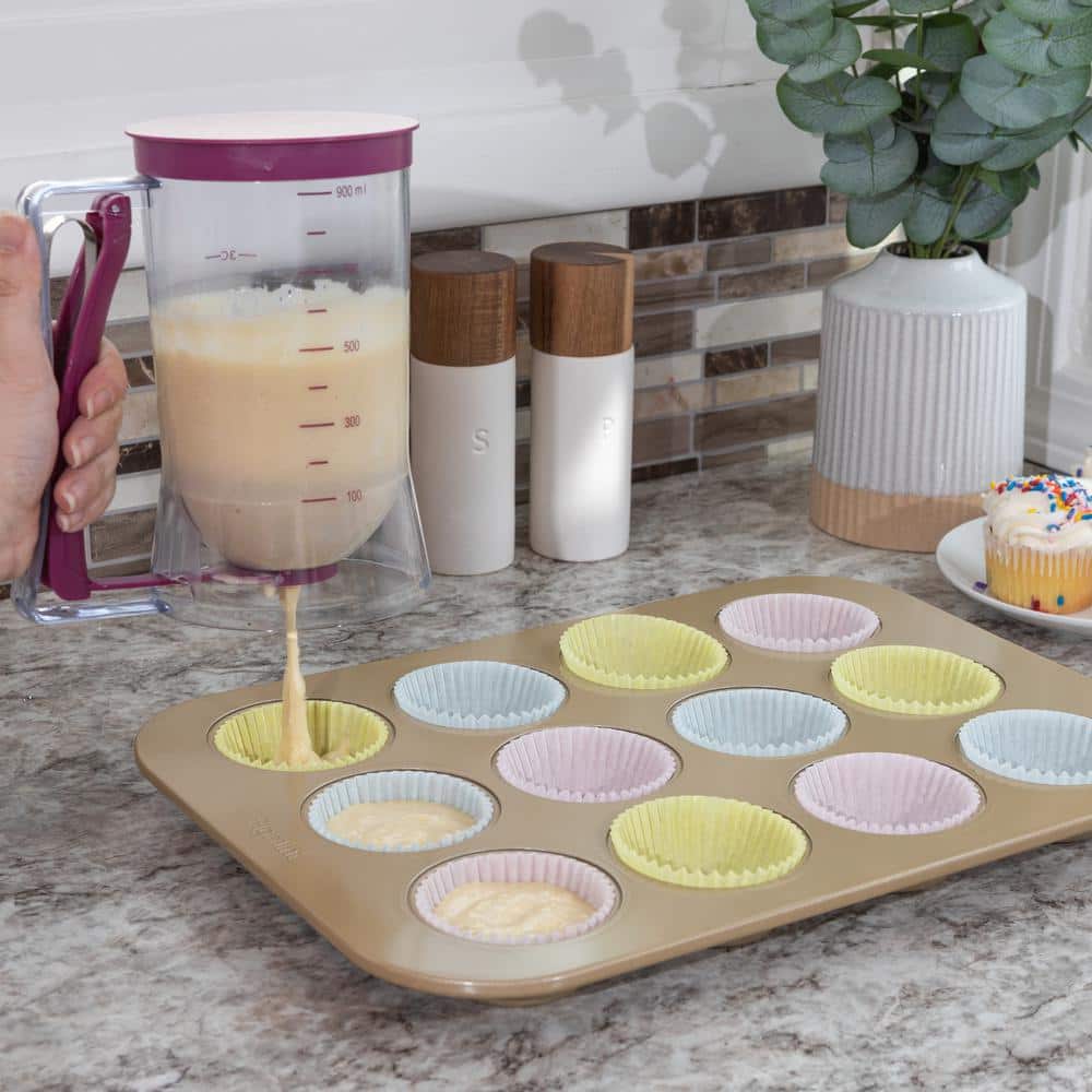 Purple 4-Cup Plastic Pancake Batter Dispenser with Squeeze Handle
