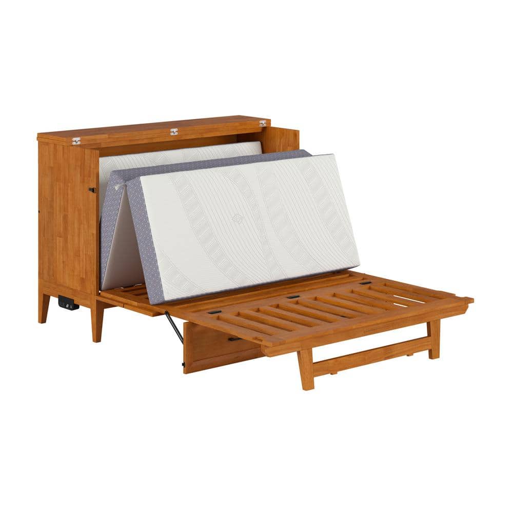 Light Toffee Full Wood Murphy Bed Chest with Mattress and USB Charger