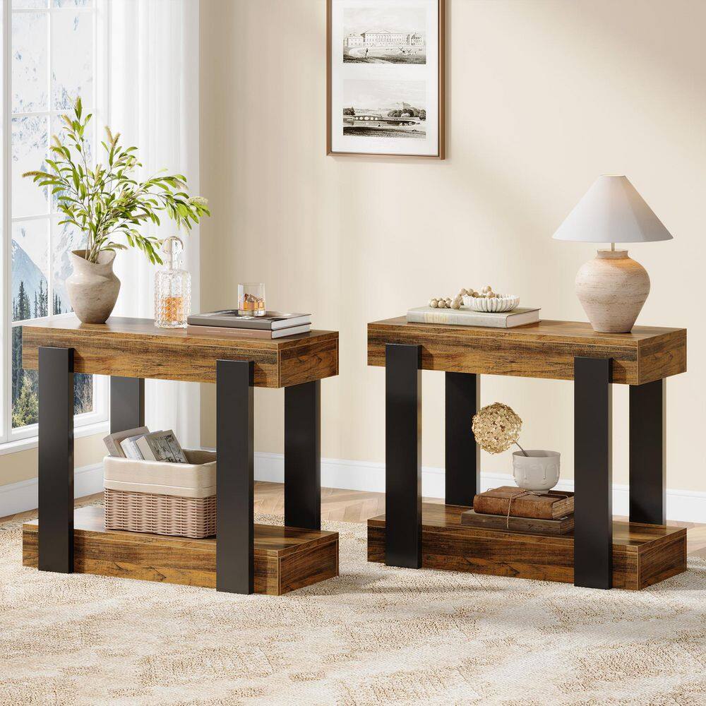 31.5 in. Farmhouse Black Brown Rectangular Engineered Wood Narrow End Table with Storage, Set of 2