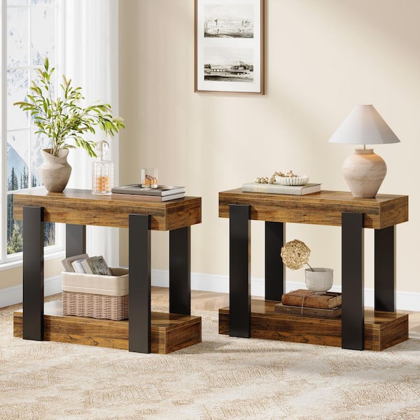 BYBLIGHT 31.5 in. Farmhouse Black Brown Rectangular Engineered Wood Narrow End Table with Storage, Set of 2