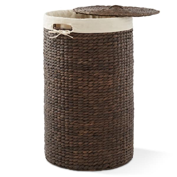 Brown Espresso 16 in. x 27 in. Wicker Water Hyacinth Decorative Baskets Round Laundry Hamper with Lid and Liner