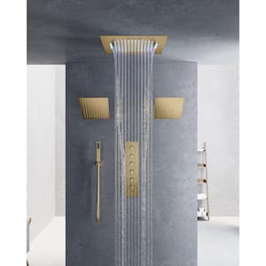 Thermostatic 31-Spray Patterns 20 in. Square LED Mood Lighting Bluetooth Music Shower System with Valve in Brushed Gold