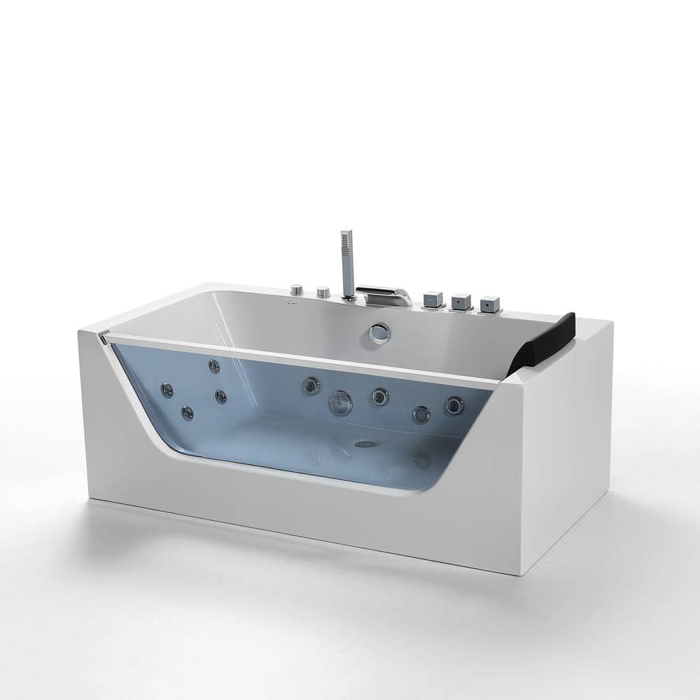 59-Inch White Acrylic Rectangular Whirlpool Bathtub with Jets and Blue Glass Panel