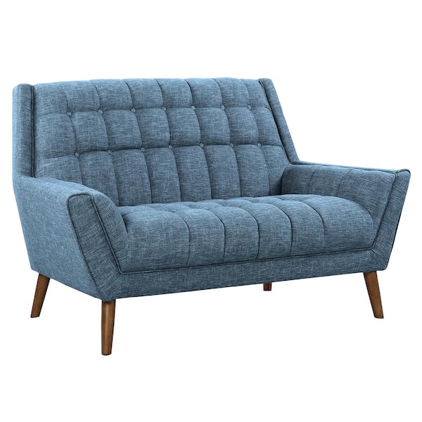 Armen Living Cobra Mid-Century Modern Loveseat in Blue Linen and Walnut Legs