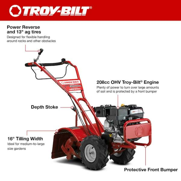 Super Bronco 16 in. 208 cc OHV Engine Rear Tine Counter Rotating Gas Garden Tiller with Power Reverse