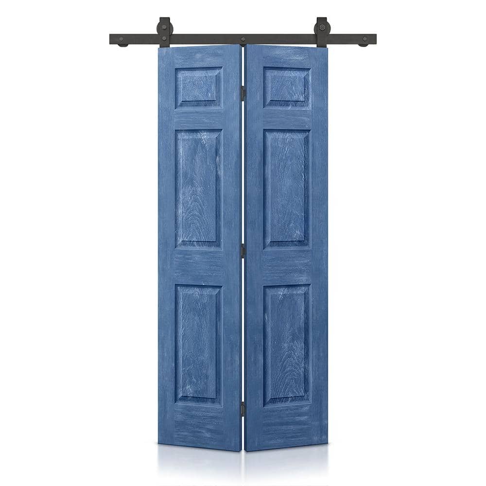 30 in. x 80 in. Vintage Blue Stain 6 Panel MDF Composite Hollow Core Bi-Fold Barn Door with Sliding Hardware Kit price history on PriceWatchPro