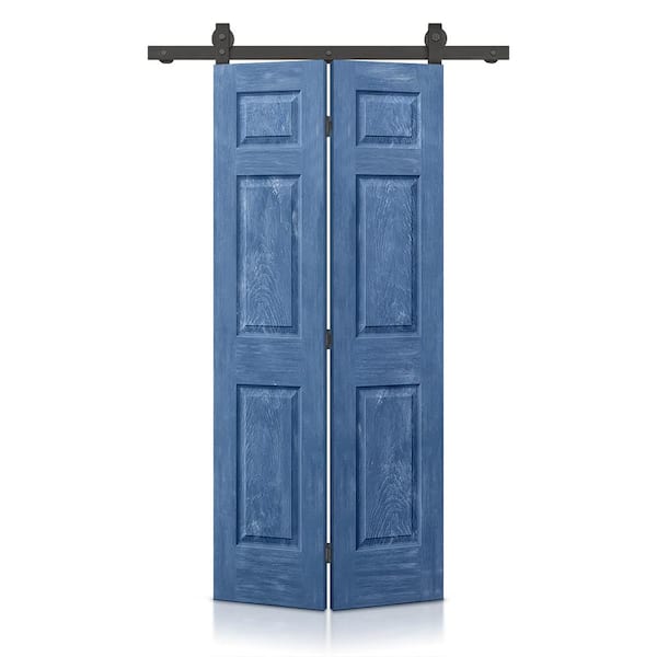 CALHOME 36 in. x 80 in. Vintage Blue Stain 6 Panel MDF Composite Hollow Core Bi-Fold Barn Door with Sliding Hardware Kit