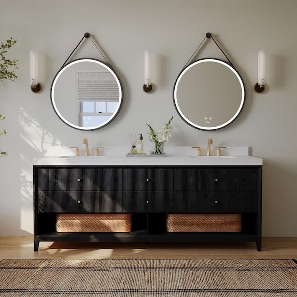 Momo 84 in. W Double Sinks Freestanding Black Oak Bath Vanity with Alpines White Quartz Top
