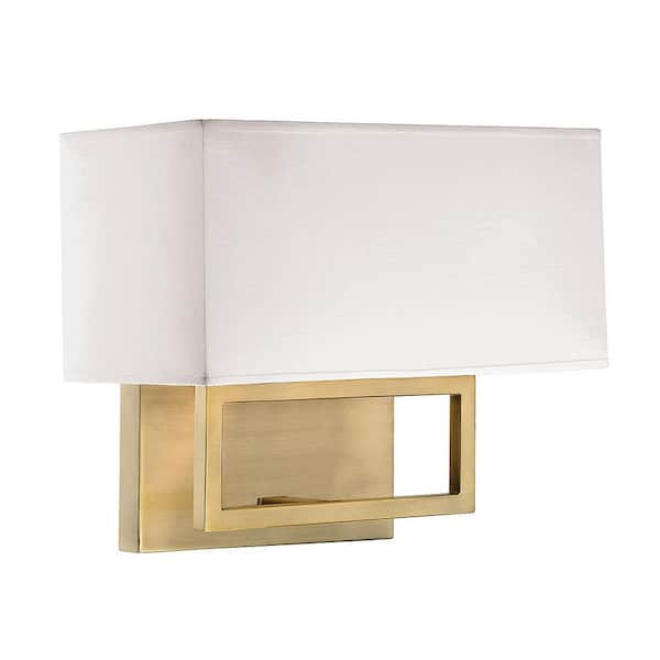 TUXEDO PARK LIGHTING 12 in. W x 11 in. H 2-Light Natural Brass Wall Sconce with White Fabric Shade