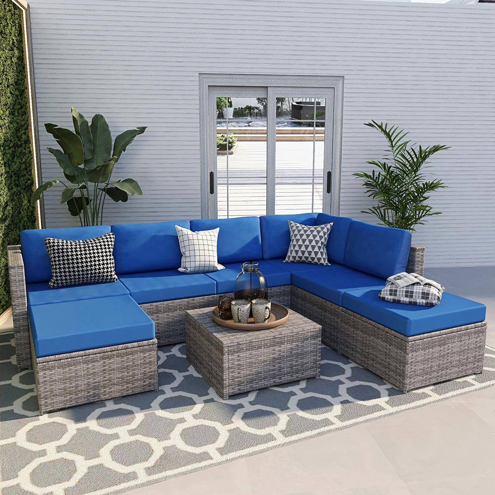 Uixe Gray 7-Seater Wicker Outdoor Rattan Sectional Sofa Set with Blue Cushions - 2