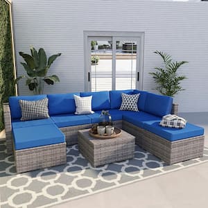 Gray 7-Seater Wicker Outdoor Rattan Sectional Sofa Set with Blue Cushions