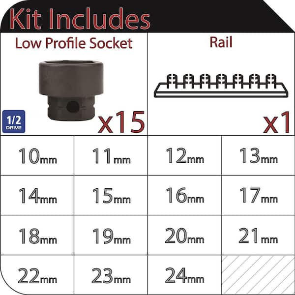 1/2 in. Drive Low Profile Metric 6-Point Impact Socket Set (15-Piece)