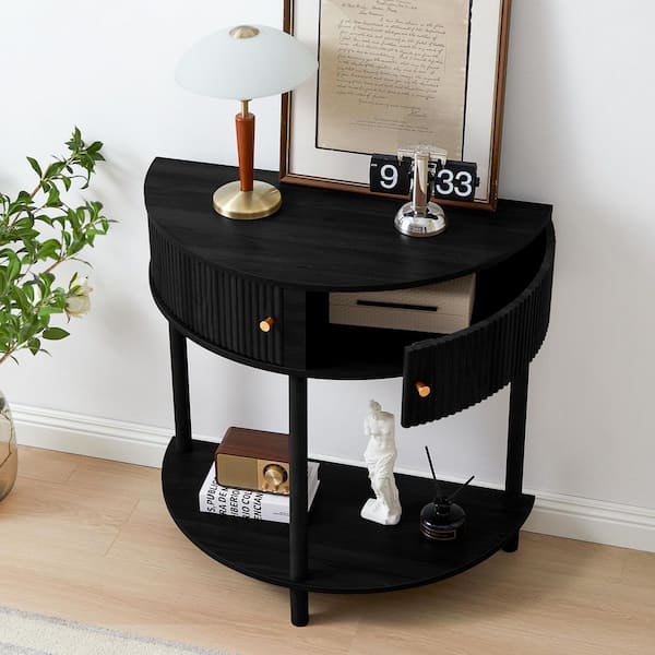 14.37 in. Black Semi-circle Wood End Table