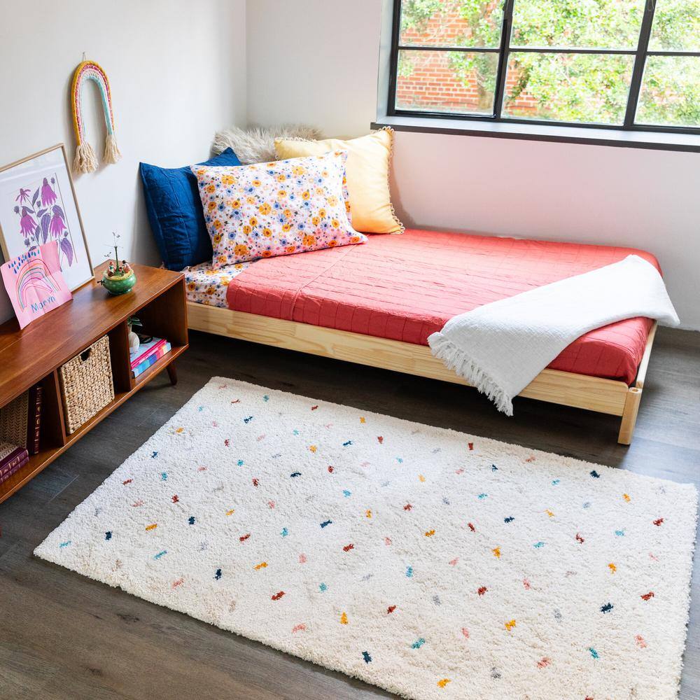 Cream and Multicolor Synthetic Shag Kids' Rectangular Area Rug 5' x 7'