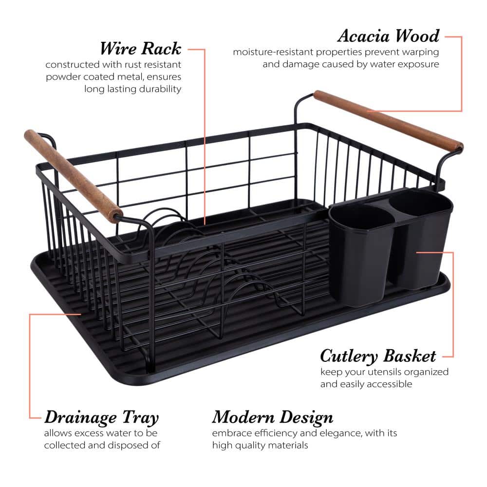 Acacia Wood and Black Metal Dish Drying Rack with Utensil Cup