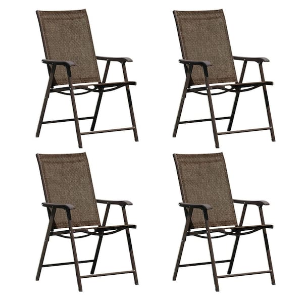 Aoodor Textilene Sling Folding Outdoor Dining Chair with Armrest in Brown (Set of 4)