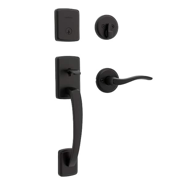 Brentford Matte Black Keyed Door Handleset with Deadbolt and Sedona Door Handle Featuring SmartKey Security