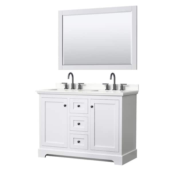 Wyndham Collection Avery 48 in. W x 22 in. D x 35 in. H Double Bath Vanity in White with Giotto Quartz Top and 46 in. Mirror