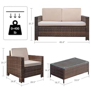Black 4-Pieces PE Wicker Patio Conversation Set, Outdoor Couch Sectional Set with Glass Table, Beige Cushions