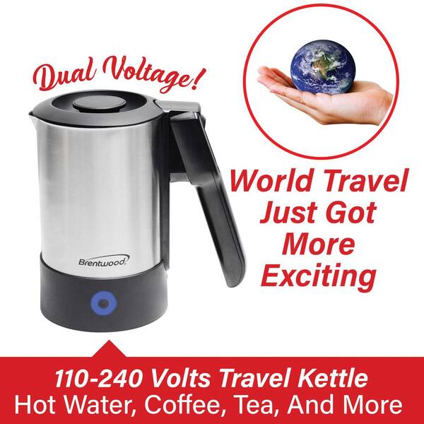 Brentwood 2.5-Cup Silver Dual-Voltage Electric Travel Kettle with