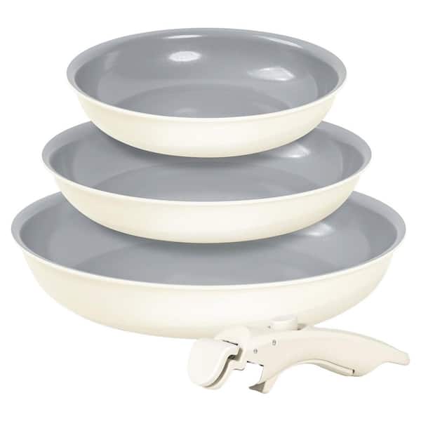 3-Piece Beige Ceramic Nonstick Frying Pan Set with Removable Handle Induction Safe Non Toxic Coating Skillet
