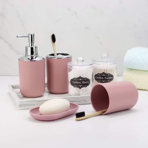 iMucci 9Pcs Pink Bathroom Accessories Set - with Trash Can,Toilet  Brush,Toothbrush Holder, Lotion Soap Dispenser, Soap Dish,Toothbrush  Cup,Qtip