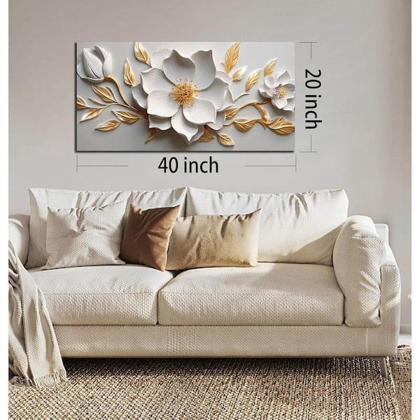 20 in. x 40 in. Framed White and Gold Flower Canvas Wall Art for