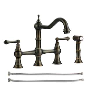 Antique Design Double Handle Bridge Kitchen Faucet with Side Sprayer in Bronze