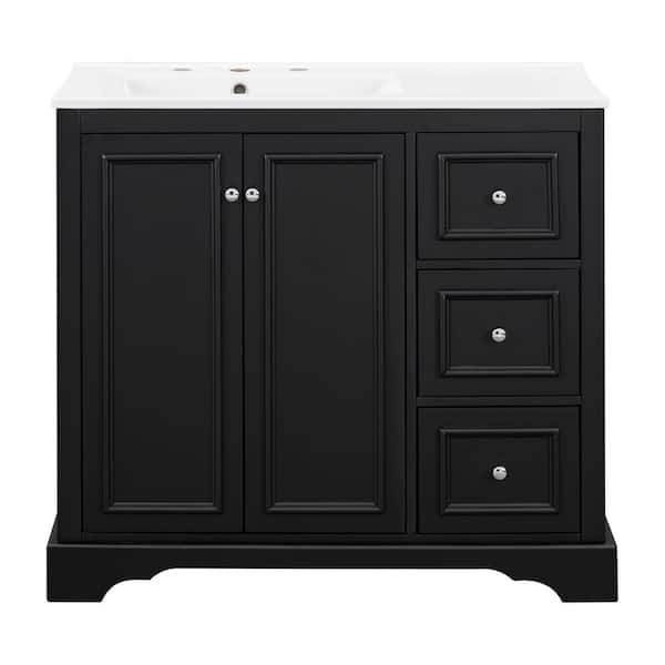 36 in. Single Sink Freestanding Black Bath Vanity with White Ceramic Top, Divider Drawer, Door Racks