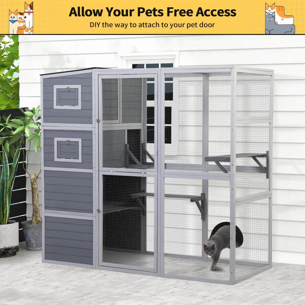 Large Gray Wood Outdoor Cat Enclosure with Mesh Panels