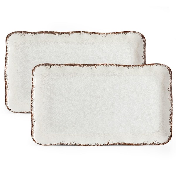 Set of 2 Farmhouse Melamine Serving Platters, 17.5 x10 in. White Rustic Rectangle Vintage Serving Trays