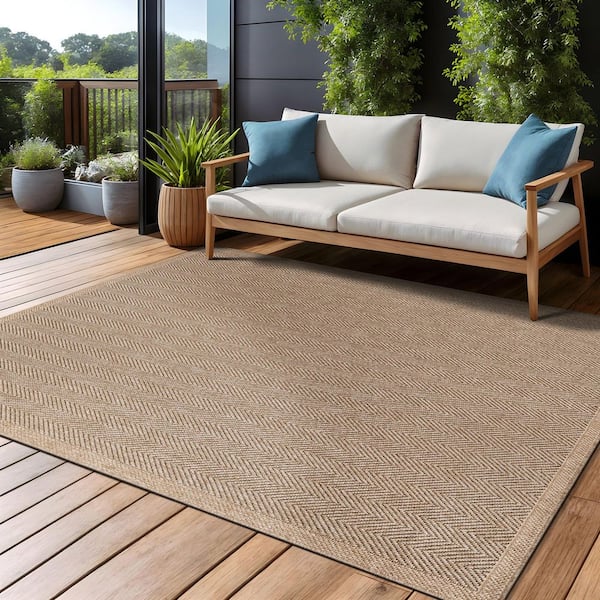 Odyssey Natural 10 ft. x 14 ft. Striped Chevron Easy Jute Washable Modern Indoor Outdoor Area Rug