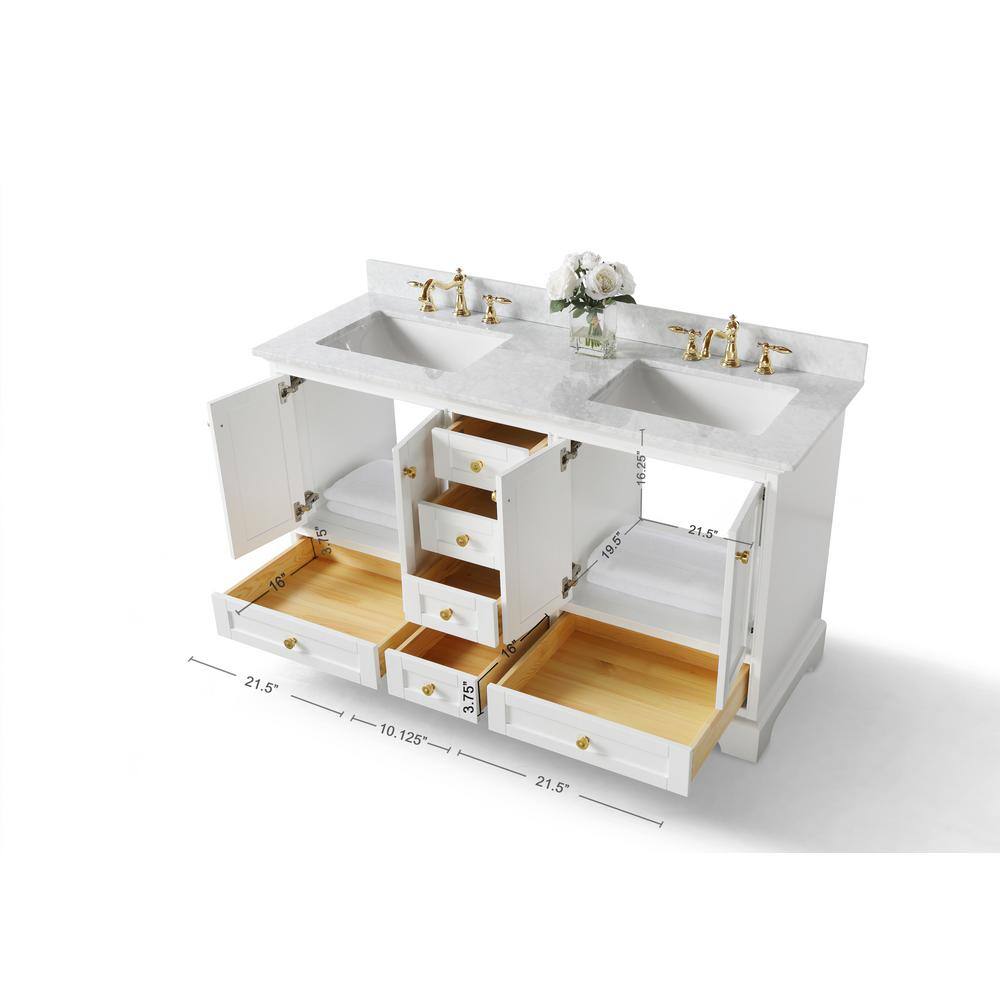 Audrey 60'' White Double Bathroom Vanity with Marble Top and Gold Hardware