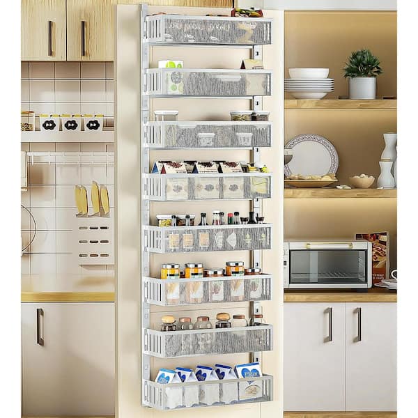 8-Tier White Over The Door Pantry Organizer with Mesh Baskets, Adjustable Hanging Spice Rack for Kitchen