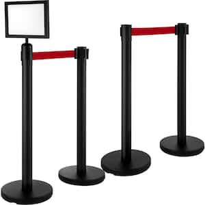 Stanchion Post Barriers 6.6 ft. Black Retractable Belts 4 Set Stainless Steel Stanchions with One Sign Frame, Black