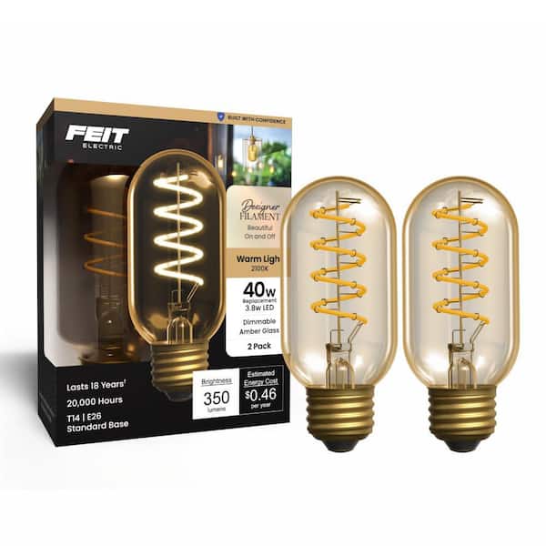 40-Watt Equiv. T14 Dimmable Spiral Filament Amber Glass E26 Vintage Edison Tubular LED Light Bulb, Warm White (2-Pack)
