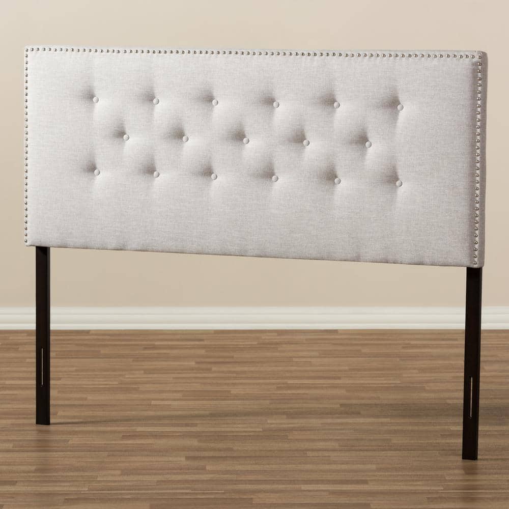 King Size Greyish Beige Tufted Leather Upholstered Headboard